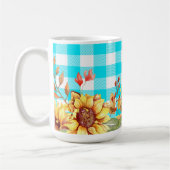 Sonnenblumendesign und blaues, kariertes Muster Kaffeetasse (Links)