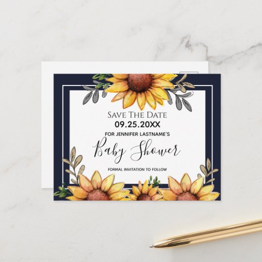 Sonnenblumendusche Save the Date Einladung Postkarte (Vorderseite/Rückseite Beispiel)