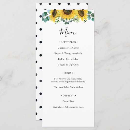 Sonnenblumenduschmenü Menükarte (Vorne/Hinten)