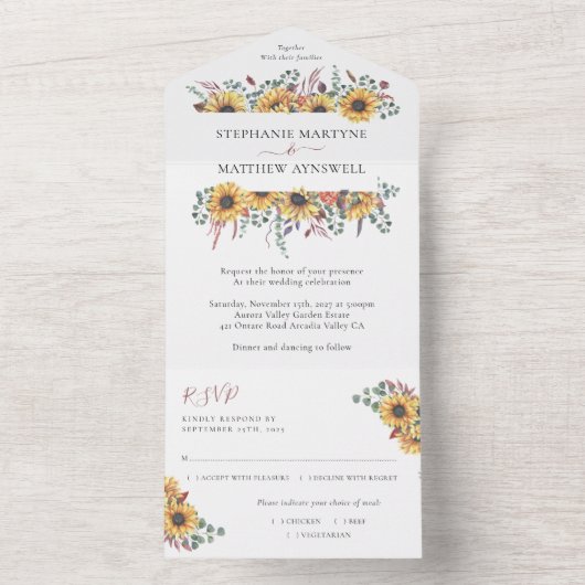 Sonnenblumenfall Eukalyptus Botanische Hochzeit All In One Einladung (Innen Boden)