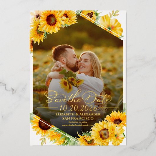 Sonnenblumenfall-Foto Hochzeit Sichern Sie das Dat Folieneinladung (Vorderseite)
