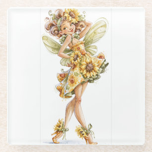 Sonnenblumenfee in einem fließenden Blumenkleid  Glasuntersetzer