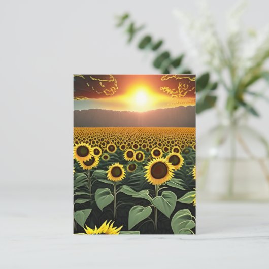 Sonnenblumenfeld bei Sonnenuntergang Postkarte (Stehend Vorderseite)