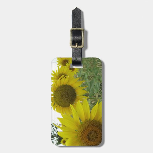 Sonnenblumenfeld Gepäckanhänger mit Ledergurt (Vorderseite vertikal)