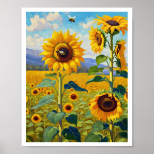 Sonnenblumenfeld mit belebten Bienen Art 8x10 Poster