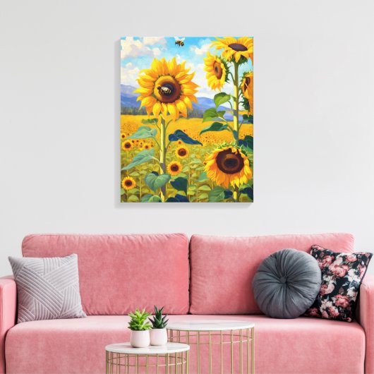 Sonnenblumenfeld mit belebter Bienenkunst Leinwanddruck (Insitu (Wohnzimmer))