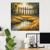 Sonnenblumenfeld mit rustikaler Umzäunung Poster (Heimbüro)