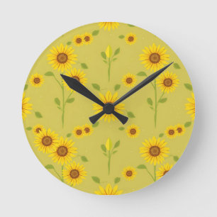 Sonnenblumenfeld-Muster Rustikal Olivgrün  Runde Wanduhr