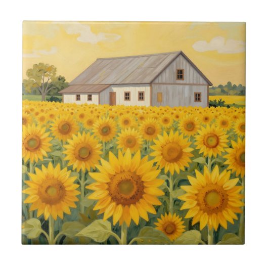 Sonnenblumenfeld Rustikale Scheunenlandschaft Fliese (Vorderseite)
