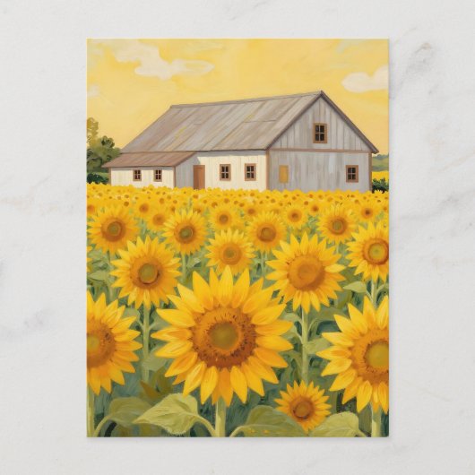 Sonnenblumenfeld Rustikale Scheunenlandschaft Postkarte (Vorderseite)