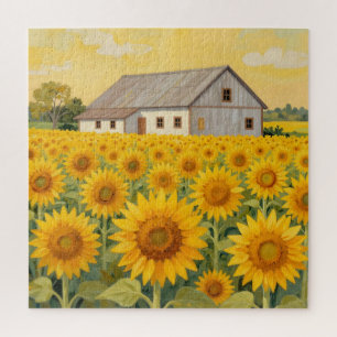 Sonnenblumenfeld Rustikale Scheunenlandschaft Puzzle
