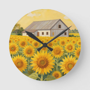 Sonnenblumenfeld Rustikale Scheunenlandschaft Runde Wanduhr