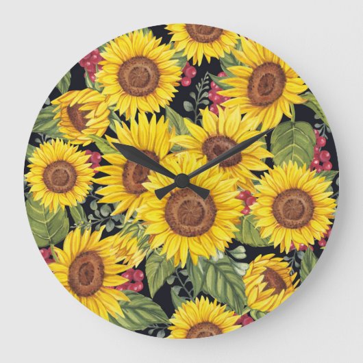Sonnenblumenfeld: schwarzer Hintergrund Große Wanduhr (Vorderseite)
