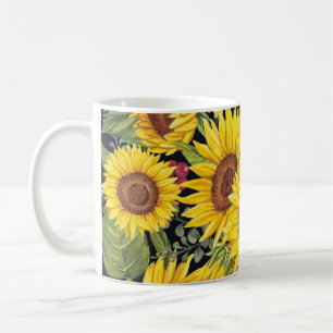 Sonnenblumenfeld: schwarzer Hintergrund Kaffeetasse