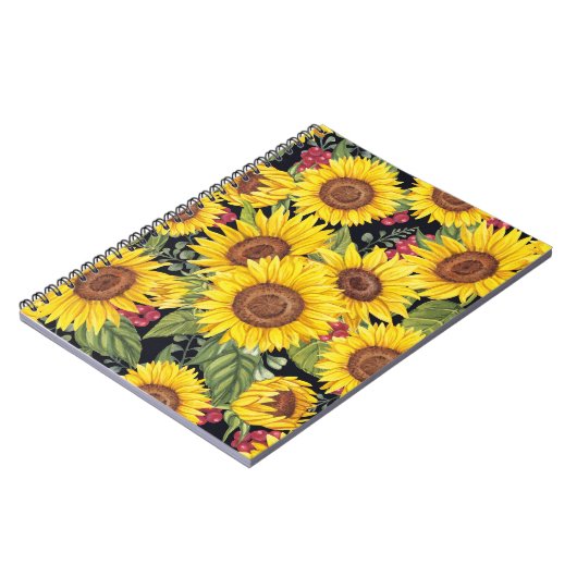 Sonnenblumenfeld: schwarzer Hintergrund Notizblock (Linke Seite)