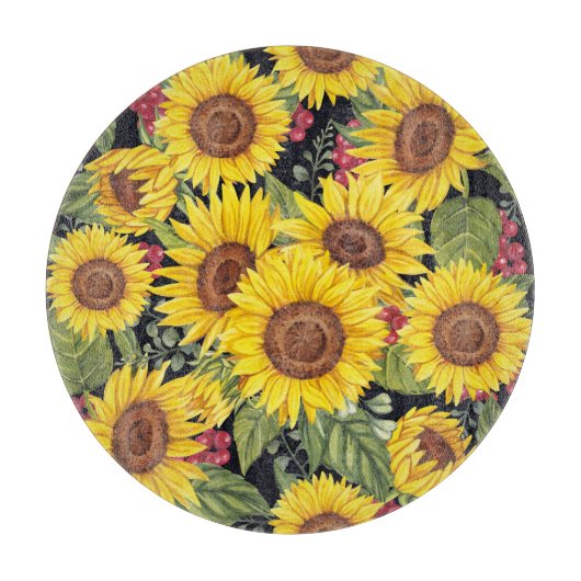 Sonnenblumenfeld: schwarzer Hintergrund Schneidebrett (Vorderseite)