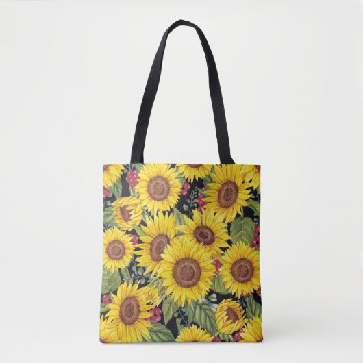 Sonnenblumenfeld: schwarzer Hintergrund Tasche (Vorderseite)