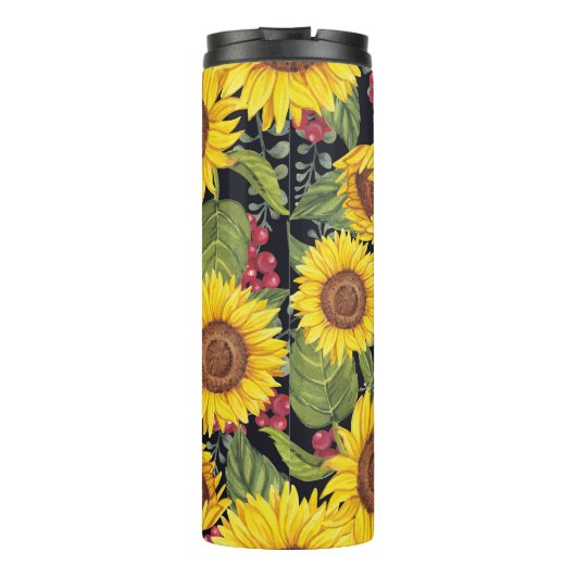 Sonnenblumenfeld: schwarzer Hintergrund Thermosbecher (Rückseite)