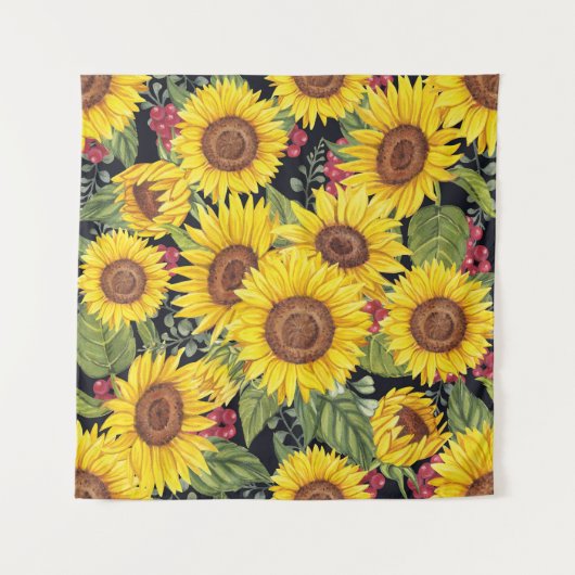 Sonnenblumenfeld: schwarzer Hintergrund Wandteppich (Vorderseite)