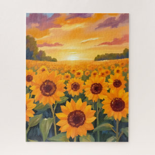 Sonnenblumenfeld-Sonnenuntergang-Landschaftsgemäld Puzzle