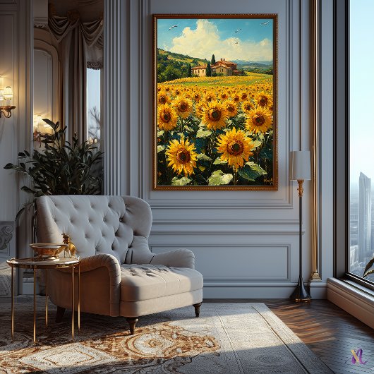 Sonnenblumenfeld und toskanische Hütte Impressioni Poster