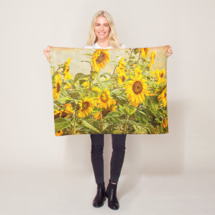 Sonnenblumenfeld Vintage Gelb Grün Landhausstil Ku Fleecedecke