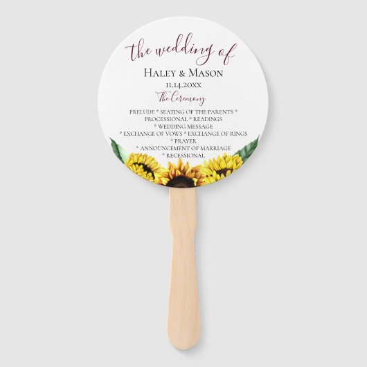 Sonnenblumenfelder Bordeaux Hochzeitsprogramm Fächer (Vorderseite)