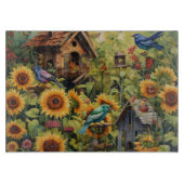 Sonnenblumengarten 10 Vogelhäuser Blaue Vögel Schneidebrett (Vorderseite)