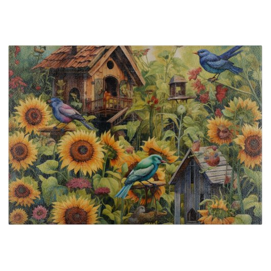 Sonnenblumengarten 10 Vogelhäuser Blaue Vögel Schneidebrett (Vorderseite)