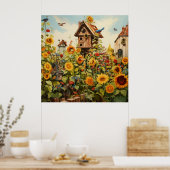 Sonnenblumengarten 11 Vogelhäuser Blaue Vögel Poster (Küche)