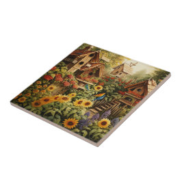 Sonnenblumengarten 13 Vogelhäuser Blaue Vögel Fliese