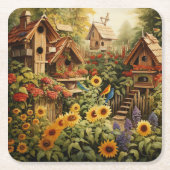 Sonnenblumengarten 13 Vogelhäuser Blaue Vögel Rechteckiger Pappuntersetzer (Vorderseite)