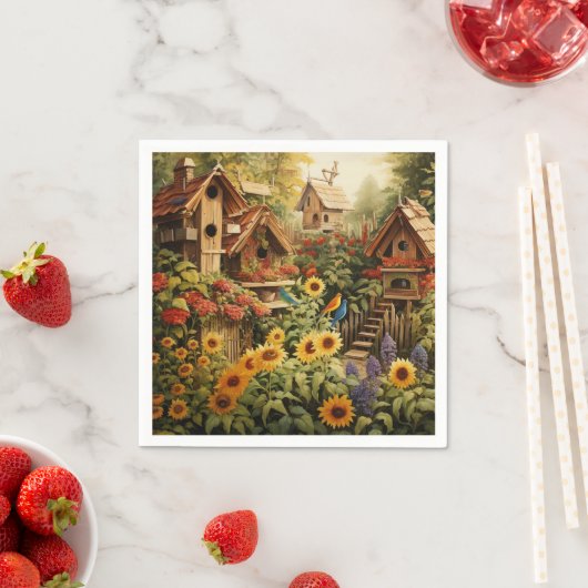 Sonnenblumengarten 13 Vogelhäuser Blaue Vögel Serviette (Beispiel)