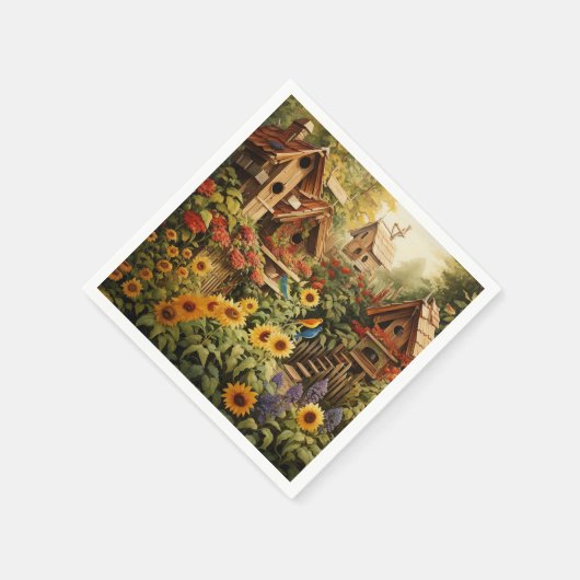 Sonnenblumengarten 13 Vogelhäuser Blaue Vögel Serviette (Ecke)