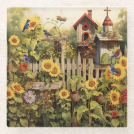 Sonnenblumengarten 14 Vogelhäuser Blaue Vögel Glasuntersetzer