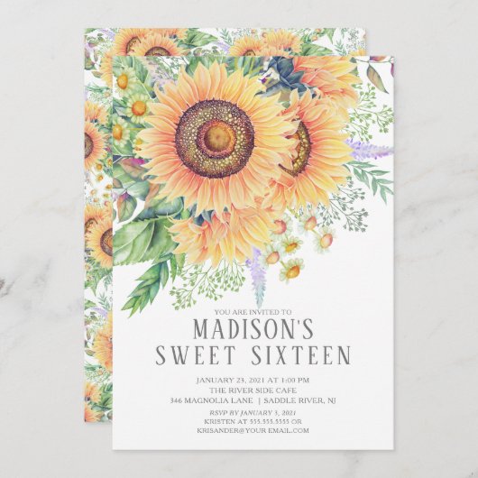 Sonnenblumengarten 16 . Geburtstag Party Einladung (Vorne/Hinten)