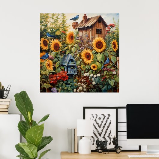 Sonnenblumengarten 3 Vogelhäuser Blaue Vögel Poster (Heimbüro)