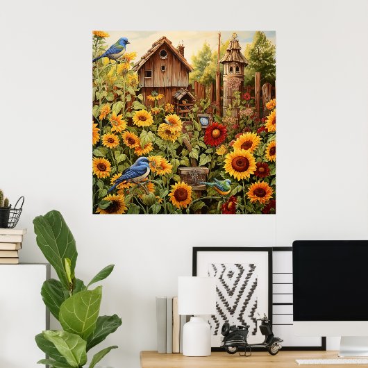 Sonnenblumengarten 4 Vogelhäuser Blaue Vögel Poster (Heimbüro)