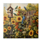 Sonnenblumengarten 5 Vogelhäuser Blaue Vögel Fliese (Vorderseite)
