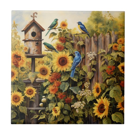 Sonnenblumengarten 5 Vogelhäuser Blaue Vögel Fliese (Vorderseite)
