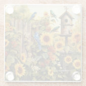 Sonnenblumengarten 5 Vogelhäuser Blaue Vögel Glasuntersetzer (Rückseite)