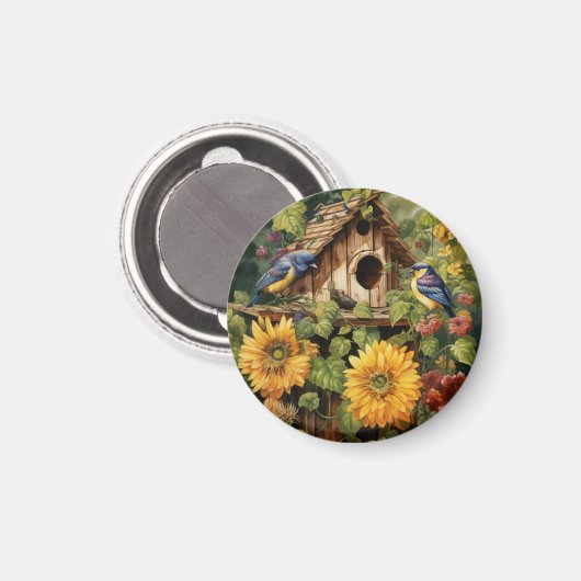 Sonnenblumengarten 6 Vogelhäuser Blaue Vögel Magnet (Vorderseite/Rückseite)