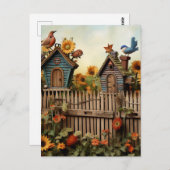Sonnenblumengarten 7 Vogelhäuser Blaue Vögel Postkarte (Vorne/Hinten)