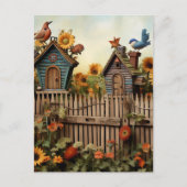 Sonnenblumengarten 7 Vogelhäuser Blaue Vögel Postkarte (Vorderseite)