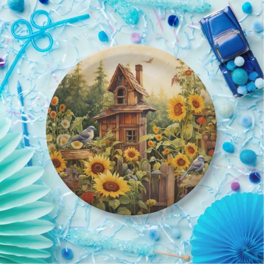 Sonnenblumengarten 8 Vogelhäuser Blaue Vögel Pappteller (Party)