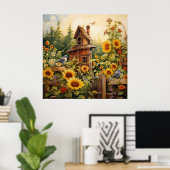 Sonnenblumengarten 8 Vogelhäuser Blaue Vögel Poster (Heimbüro)