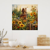 Sonnenblumengarten 8 Vogelhäuser Blaue Vögel Poster (Küche)