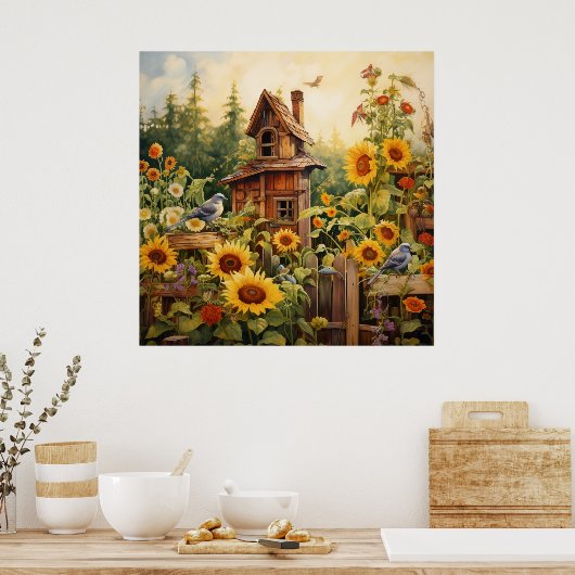 Sonnenblumengarten 8 Vogelhäuser Blaue Vögel Poster (Küche)