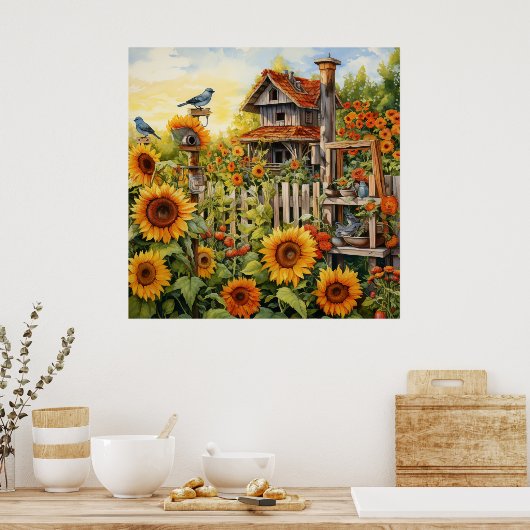 Sonnenblumengarten 9 Vogelhäuser Blaue Vögel Poster (Küche)