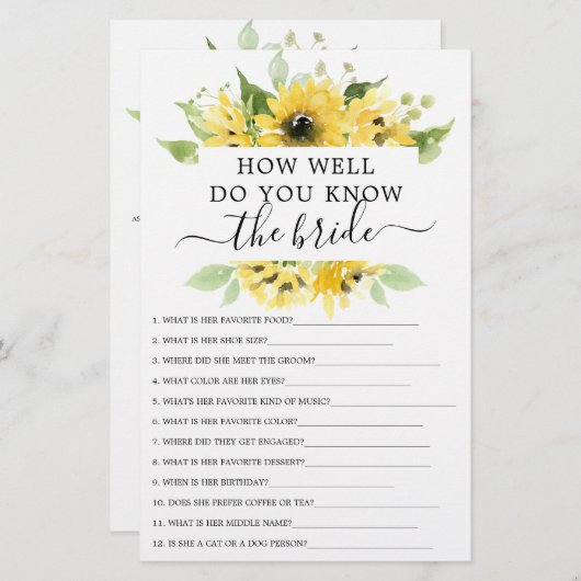 Sonnenblumengarten Doppelseitiges Brautparty Spiel (Vorne/Hinten)